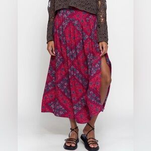Natural Life Boho Addie Midi Skirt Wine Red Batik Bandana Print Side Slit M NWT